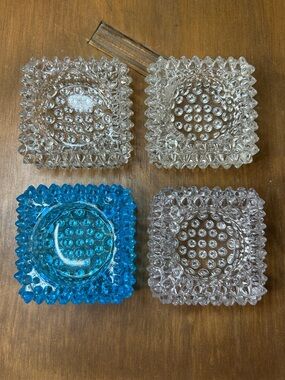 Set of 4 Vintage Fenton Hobnail Glass 3"-Square Blue & Clear Glass Salt Cellars